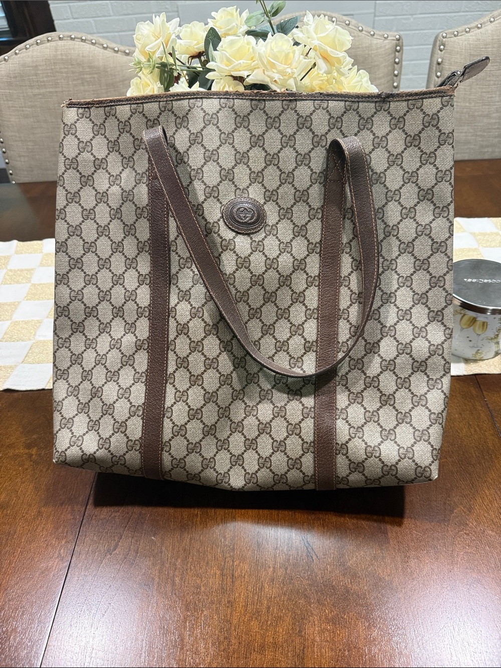 Gucci Brown & Beige GG Canvas Vertical Tote
